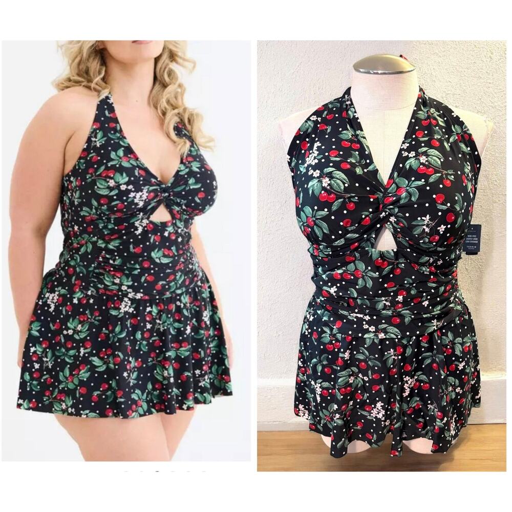 Torrid 4‎ (4X 26) Retro Chic Cherry Cherries Halter Swim Dress w/Briefs Swimsuit